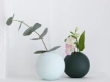 To runde vaser – den ene lyseblå med eukalyptusgrene, den anden mørkegrøn med lyserøde og hvide blomster samt grønne blade – står på en hvid baggrund.