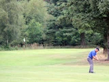 En golfspiller i blå skjorte og grå bukser gør sig klar til at slå et slag på en grøn fairway med træer og en flagstang i baggrunden.