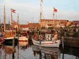 Både med danske flag ligger til kaj i en havn, folk er samlet i nærheden, og i baggrunden ses bygninger under en klar himmel.