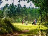 Tre personer med golfbags står på en græsklædt golfbane omgivet af høje træer under en delvis overskyet himmel med en jordsti i forgrunden.