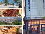 Collage af en strand med palmer, en tallerken med spareribs, et bybillede, en morgenmadsbuffet med brød og indgangen til Hotel Frederikshavn.
