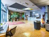 Moderne hotellobby med marmorgulv, receptionsskranke, loungestole, indendørs planter, et tæppe og en computerarbejdsplads ved store glasvinduer, der lukker naturligt lys ind.