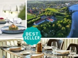 Collage af et gourmetmåltid med vin, et luftfoto af et hotel på landet ved vandet og et dækket spisebord med et Best Seller-badge i midten.