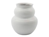 En hvid, dobbeltkuglet keramikvase med en glat, mat finish og en smal åbning i toppen.