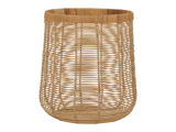 En stor, cylindrisk kurv med åbent fletmønster, naturlig lysebrun farve og ingen hanke.