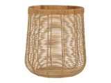 En stor, cylindrisk kurv med åbent fletmønster, naturlig lysebrun farve og ingen hanke.