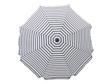 En sort- og hvidstribet paraply set ovenfra, der viser et koncentrisk cirkelmønster med skiftende striber.