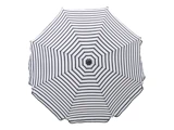 En sort- og hvidstribet paraply set ovenfra, der viser et koncentrisk cirkelmønster med skiftende striber.