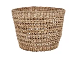 En rund, flettet kurv i en naturlig lysebrun farve med åben top og struktureret mønster.