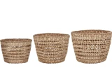 Tre flettede, naturfarvede kurve i forskellige størrelser er arrangeret i en række mod en hvid baggrund.
