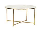 Rundt bord med en lys marmorplade og tynde ben i guldmetal med en tværgående støtte ved foden.