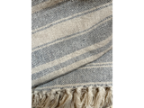 Nærbillede af et vævet tekstil med beige og grå striber, der viser frynsede kvaster langs den ene kant. Teksturen og vævemønsteret er tydeligt.