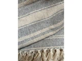 Nærbillede af et vævet stof med beige og grå striber og en frynse af snoede kvaster langs kanten.