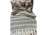 Et vævet grå- og hvidstribet tæppe med frynser i kanten, vises løst sammenfoldet.