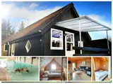 Collage af et sort træhus med skråt tag, veranda, indendørs swimmingpool, hyggeligt soveværelse og en varm stue med trævægge og -møbler.