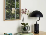 En glasvase med orkideer, en sort kuppellampe og bøger står på et træbord ved siden af et vægspejl, der reflekterer grønne planter.