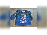Blå hockeytrøje med et stiliseret rævelogo, Carlsberg-sponsortekst og forskellige andre logoer på en grå baggrund.