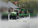 Et lille grønt tog med børn og voksne kører på grus. I baggrunden ses et dansk flag tæt på en bygning.