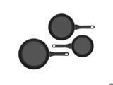 Tre mat-sorte non-stick-stegepander i forskellige størrelser, set ovenfra.
