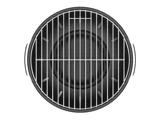 Ovenfra-billede af en cirkulær kulgrill med en metalrist.