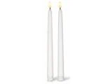 To hvide LED-taperlys med glødende flammespidser.