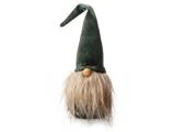 En dekorativ nisse med en høj, mørkegrøn spids hat og et langt, lysebrunt skæg.