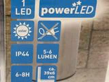 Blå og hvid etiket med 1 LED, solcelle, uden stik, IP44, 5-6 lumen, 6-8H, og ca. 39x6 cm for et solcelle-LED-produkt.