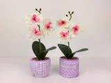 To kunstige orkidéer i potter med hvide og rosa blomster i dekorative lilla potter på en almindelig lys baggrund.