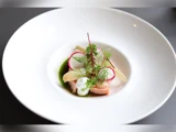 En gourmetret med skiveskårne radiser, krydderurter, sauce og grøntsager kunstfærdigt anrettet på en hvid tallerken.