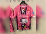 En lyserød sportstrøje med forskellige sponsorlogoer og tallet 77 på forsiden.