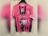 Lyserød og mørkeblå sportstrøje med et geometrisk mønster, sponsorlogoer og nummeret 14 på forsiden.