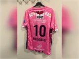 Lyserød håndboldtrøje med nummer 10 og navnet HEINDAHL på ryggen samt forskellige sponsorlogoer.