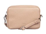 En crossbody-taske i lys beige stenlæder med sølvfarvet lynlås og stropper.