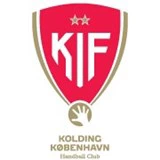 Skjoldlogo i rødt og guld med KIF i hvidt, to guldstjerner over, en guldhånd under og Kolding København Håndboldklub skrevet nedenunder.