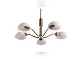 Lysekrone i messing med fem buede arme, der hver holder en hvid, kuppelformet lysskærm, ophængt på en central stang mod en hvid baggrund.