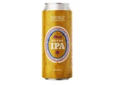 En gul dåse Albani Hvede IPA-øl med kondensdråber, med en blå og hvid etiket og en sølvfarvet låg.