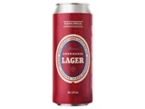 En rød dåse Albani Amerikansk Lager-øl med en blå og hvid etiket, hvor mærkenavnet og alkoholindholdet på 5,0 % fremgår.