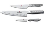 Tre køkkenknive i rustfrit stål med strukturerede håndtag, vist på en hvid baggrund, mærket med Global-logoet.