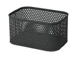 En sort, rektangulær opbevaringskurv med afrundede hjørner og et perforeret design med huller på alle sider.