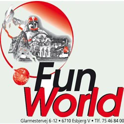 En robot med rød glød står over ordene Fun World i fed sort og rød tekst sammen med en adresse og et telefonnummer i bunden.
