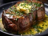 En saftig steak toppet med smeltende smør og hakkede krydderurter, serveret på en mørk tallerken med en pøl af smagfuld sauce.