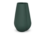 En mørkegrøn, moderne, mat vase med glatte, buede sider og et facetteret design, vist på en hvid baggrund.