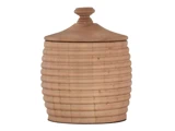 En trækrukke med et riflet, bikubeagtigt design og et matchende låg med en rund knop på toppen.