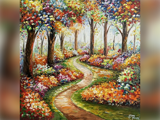 Farverigt maleri af en snoet sti gennem en levende, blomsterfyldt skov under høje træer med flerfarvede blade.