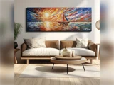 En moderne stue med en beige sofa og et rundt sofabord, hvor der på væggen over sofaen hænger et farvestrålende maleri af en sejlbåd på vandet ved solnedgang.