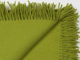Et nærbillede af et grønt tæppe med frynser, pænt foldet med kvastekanter synlige langs to sider.
