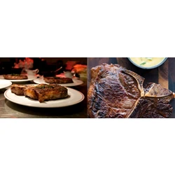 To tallerkener med grillede bøffer til venstre og et nærbillede af en tilberedt T-bone steak med en lille skål gul sauce til højre.