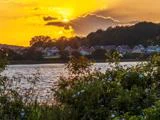Solnedgang over en række huse med røde tage ved en sø, indrammet af grønne buske og hvide blomster i forgrunden.