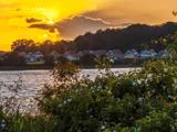 En lysende solnedgang over en række huse med røde tage nær en sø, indrammet af træer og blomstrende buske i forgrunden.