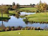 En naturskøn golfbane med grønne fairways, vandhazarder, en lille bro over en dam og træer, der omgiver området under en klar himmel.
